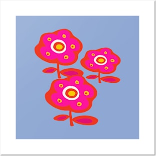 Pretty Ditsy Hot Pink Daisy Flowers on Sky Blue Background Posters and Art